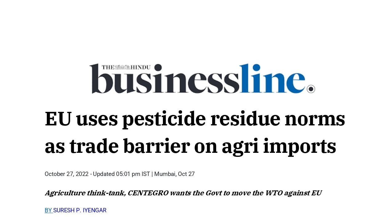 Business Line dated 27th October - EU uses pesticide residue norms as trade barrier on agri imports -1 (1)