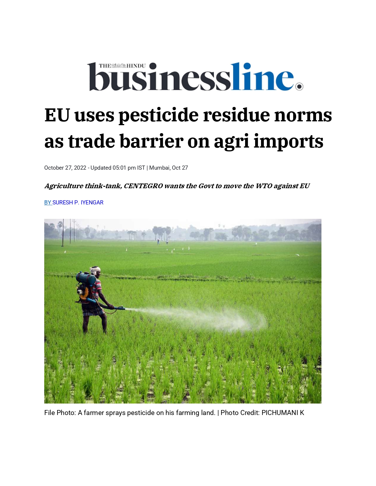 Business Line dated 27th October - EU uses pesticide residue norms as trade barrier on agri imports -1