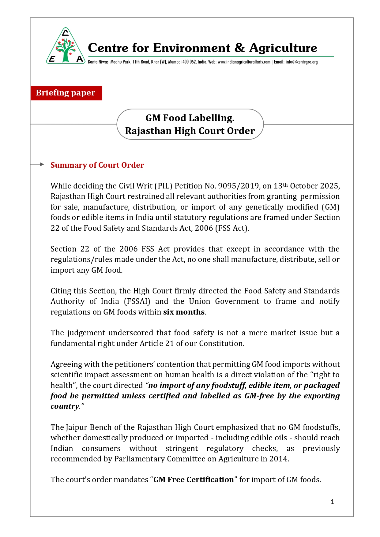 GM Food Labelling Rajasthan High Court Order